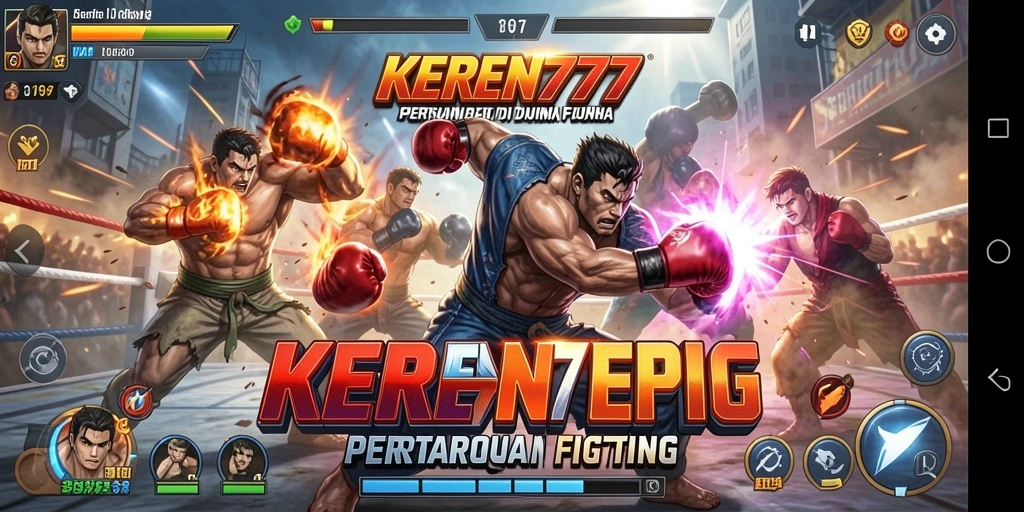 Screenshot utama KEREN777 menampilkan pertarungan seru antara karakter di arena.