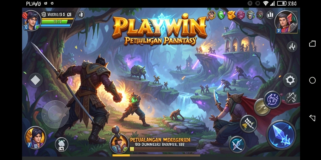 Screenshot gameplay <strong>PLAYWIN</strong> menampilkan karakter menjelajahi dunia fantasi yang kaya.