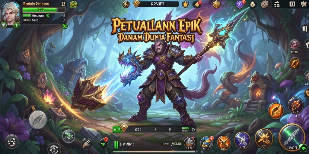 Screenshot gameplay RPVIP3 menampilkan pertarungan seru di dunia fantasi.